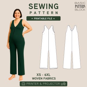 May include: A sewing pattern for a sleeveless jumpsuit with a V-neckline and a front zip. The digital file includes a basic pattern block for sizes XS to 6XL, suitable for woven fabrics, with options for both printer and projector use.