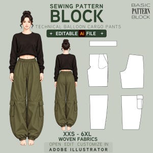 Puede incluir: Un patrón de costura digital para pantalones cargo tipo globo en un archivo editable de Adobe Illustrator. El gráfico muestra vistas frontales y traseras de los pantalones en color verde oliva, junto con dibujos técnicos en blanco.