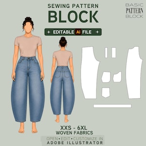 May include: A sewing pattern block graphic with the word "BLOCK" in large, bold, green letters. The image includes illustrations of a person wearing light blue jeans and a tan t-shirt, and a pattern layout. Text reads "XXS - 6XL WOVEN FABRICS".