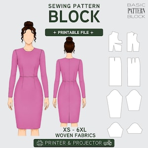 PDF | Women's Dress Sewing Pattern Block | With Waist Seam | Bodice Skirt Sleeve | XS-6XL