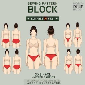 May include: A digital sewing pattern block for knitted fabrics featuring multiple illustrations of figures in beige bras and red underwear. The text reads SEWING PATTERN BLOCK, BASIC PATTERN BLOCK, EDITABLE Ai FILE, XXS - 6XL KNITTED FABRICS.