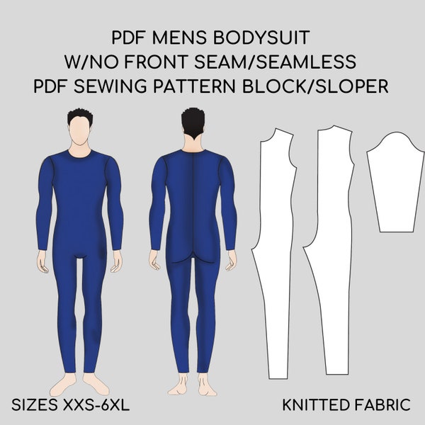 Men's Catsuit Seamless Front Pdf Sewing Pattern Sloper/ Block | leotard, full bodysuit, cosplay, swimsuit, jumpsuit fitness