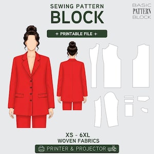 Puede incluir: Un patrón de costura para tejidos, con un blazer y pantalón rojos. La imagen incluye vistas frontal y trasera del conjunto, junto con piezas del patrón. El texto en la imagen dice "BLOCK" y "PRINTABLE FILE". Tallas XS a 6XL.