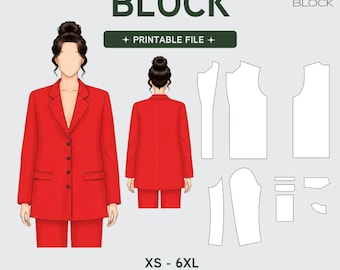 PDF Womens Oversized Blazer Jacket | Sewing Pattern Block | Classic Tailored Fit  | Sizes XS-6XL