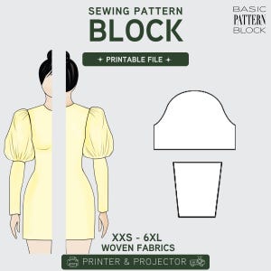 Puede incluir: Un patrón de costura digital para un vestido con mangas abullonadas, con el texto SEWING PATTERN BLOCK, PRINTABLE FILE, BASIC PATTERN BLOCK, XXS - 6XL WOVEN FABRICS y PRINTER & PROJECTOR. La ilustración muestra un vestido de color amarillo.