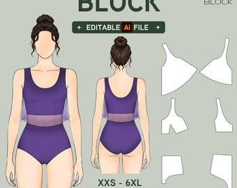 EDITABLE PDF | Tankini Sewing Pattern Block | Two-Piece Swimsuit | Top & Bottom | XXS-6XL