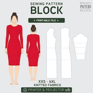 Puede incluir: Un vestido rojo de manga larga con corte ajustado se muestra junto a patrones de costura. El texto dice "SEWING PATTERN BLOCK" y "XXS - 6XL KNITTED FABRICS". La imagen también incluye el texto "PRINTABLE FILE" y "PRINTER & PROJECTOR".