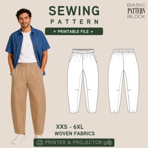 Op de afbeelding: Een naaipatroon voor een broek, inclusief een printbaar bestand voor geweven stoffen in de maten XXS tot 6XL. De afbeelding toont een technische lijntekening van de broek naast een foto van het afgewerkte kledingstuk, met de tekst BASIC PATTERN BLOCK.