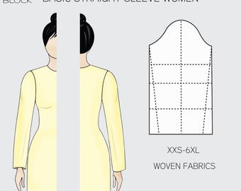 Patrón básico de costura para manga recta: 4 largos, tallas XXS-6XL (Descargar PDF)