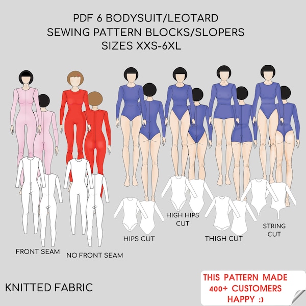 6 Styles Bodysuit Leotard Set PDF Sewing Pattern, 4 Leg Cut Bodysuit Sewing Pattern, Women catsuit Pattern, No front seam leotard, catsuit