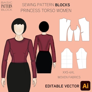 Princess Seam Bodice Sewing Pattern Block • Long Sleeves • Sizes: XXS-6XL • Pdf Pattern