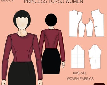 Princess Seam Bodice Sewing Pattern Block • Long Sleeves • Sizes: XXS-6XL • Pdf Pattern