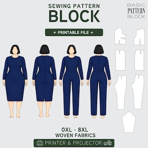 May include: A digital sewing pattern block for woven fabrics in sizes 0XL to 8XL. The graphic displays front and back views of a navy blue dress and jumpsuit, alongside white technical pattern pieces for a printer and projector file format.