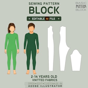 May include: A digital sewing pattern block for 2-14 years old knitted fabrics, featuring illustrations of two figures in green jumpsuits and white pattern templates. Text includes SEWING PATTERN BLOCK, EDITABLE Ai FILE, and ADOBE ILLUSTRATOR.