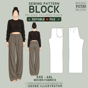 Puede incluir: Un patrón de costura digital para pantalones relajados a medida, con un archivo de Adobe Illustrator editable. La imagen muestra una vista frontal y trasera de una figura con los pantalones, junto a dibujos técnicos de las piezas del patrón.