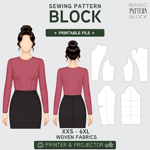 May include: A sewing pattern block graphic with the text "BLOCK" and "PRINTABLE FILE". The image shows a front and back view of a person wearing a long-sleeved top and skirt, along with pattern pieces. The size range is XXS-6XL.