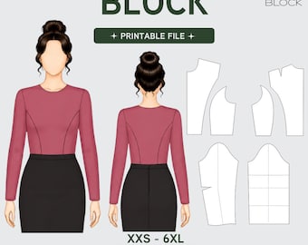 PDF Princess Seam Bodice Sewing Pattern Block • Long Sleeve (PDF Download) • Sizes XXS-6XL