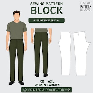 Puede incluir: Un patrón de costura digital para pantalones de tela tejida, con el texto "SEWING PATTERN BLOCK" y "PRINTABLE FILE". La imagen incluye ilustraciones de los pantalones y una persona que los usa. Tallas de XS a 6XL. El patrón está diseñado para una impresora o proyector.