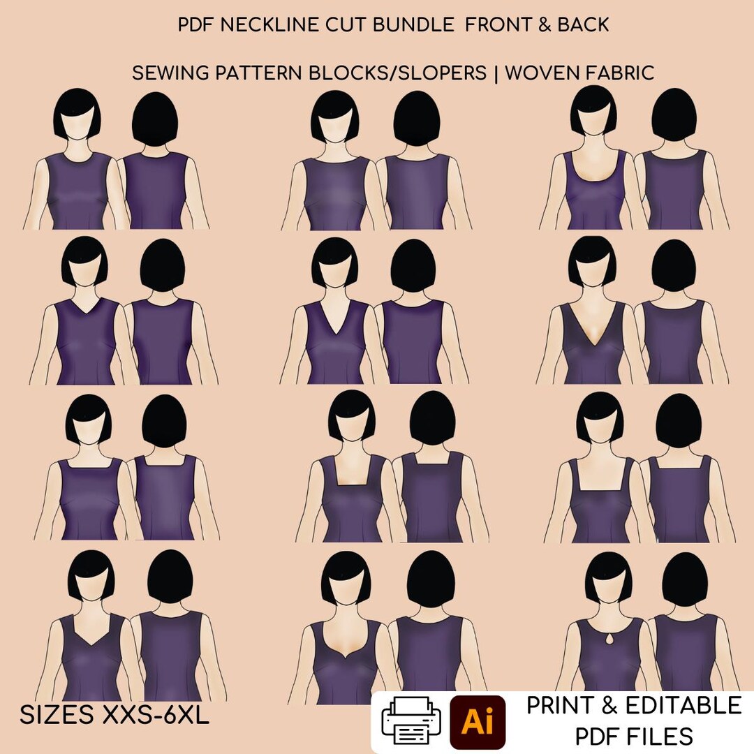 PDF Neckline Cut Bundle | Sewing Pattern Block | Different Necklines ...