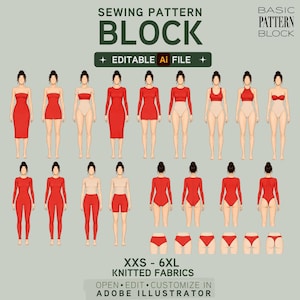May include: A digital sewing pattern block file featuring various red garment silhouettes on human figures. Text includes SEWING PATTERN BLOCK, EDITABLE Ai FILE, BASIC PATTERN BLOCK, and XXS - 6XL KNITTED FABRICS, OPEN EDIT CUSTOMIZE IN ADOBE ILLUSTRATOR.