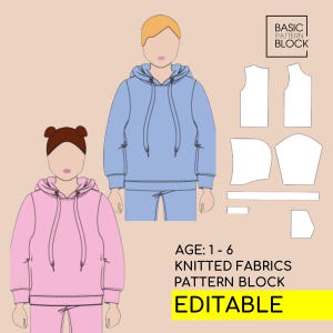 Kid&#39;s Hoodie Pdf Sewing Pattern Block | Sizes T1-T6 Age 1-6 | Knitted Fabric