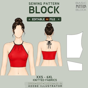 May include: A digital sewing pattern block for a red halter top with black trim, featuring front and back views of a figure wearing the garment, two white pattern pieces, and text including SEWING PATTERN BLOCK, EDITABLE Ai FILE, and XXS-6XL.