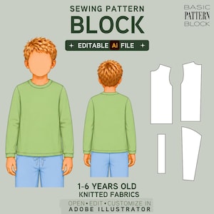 EDITABLE PDF | Kids Toddler T-Shirt Sewing Pattern Block | Long Sleeve | Boys | Ages 1-6