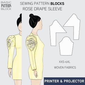 Bloc de patrons de couture roses longues avec manches drapées (XXS-6XL) (téléchargement PDF)