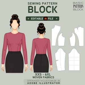 Könnte beinhalten: Ein Schnittmuster-Block-Design mit dem Text "SEWING PATTERN BLOCK" und "BASIC PATTERN BLOCK". Das Bild zeigt eine Vorder- und Rückansicht eines langärmeligen Oberteils und eines Rocks sowie Schnittmusterteile. Der Text enthält "EDITABLE AI FILE" und die Größenangabe XXS-6XL.
