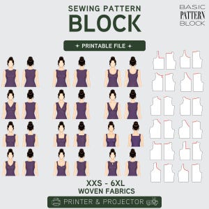 May include: A sewing pattern block graphic with the text "SEWING PATTERN BLOCK" and "PRINTABLE FILE". The image shows various purple top designs and pattern pieces. Text at the bottom reads "XXS - 6XL WOVEN FABRICS" and "PRINTER & PROJECTOR".