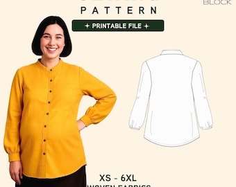 May include: A sewing pattern for a long-sleeved shirt with a mandarin collar and button-down front. The image displays the text SEWING PATTERN, BASIC PATTERN BLOCK, PRINTABLE FILE, and XS - 6XL WOVEN FABRICS, alongside a technical line drawing.