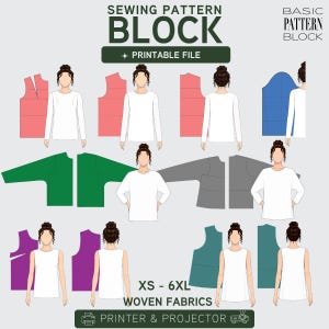 May include: A digital sewing pattern block for woven fabrics in sizes XS to 6XL, featuring printable files for printers and projectors. The image displays various garment templates including long-sleeve and sleeveless tops in multiple colors.