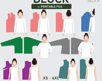 PDF | Bodice Sewing Pattern Block Bundle | Kimono Batwing Dartless | 10 Blocks | XS-6XL