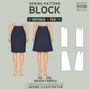 Może przedstawiać: Cyfrowy wykroj krawiecki dla spódnic, zawierający dwie ilustracje granatowych spódnic, techniczne rysunki liniowe oraz tekst SEWING PATTERN BLOCK, EDITABLE Ai FILE, XS - 3XL WOVEN FABRICS, OPEN EDIT CUSTOMIZE IN ADOBE ILLUSTRATOR.