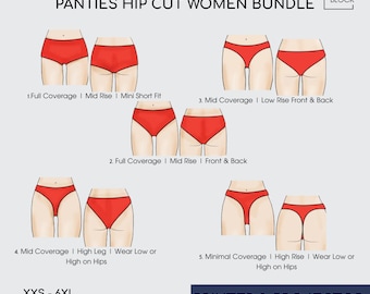 ビキニボトムの縫製パターン • 5種類のレッグカット、XXS-6XL (PDFダウンロード)