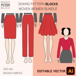 Bundel met geweven naaipatroonblokken: basis lijfje, rok, broek (XXS-6XL) (pdf-patroon)
