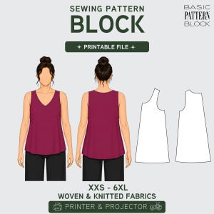 Puede incluir: Gráfico de un patrón de costura con la palabra "BLOCK" en verde. La imagen muestra ilustraciones de una camiseta sin mangas burdeos y contornos de patrones. El texto indica que el patrón es para tallas XXS-6XL y tejidos de punto y tejido.