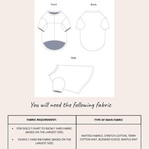 May include: A technical sketch of a dog t-shirt showing front, back, and side views. The text includes 'TECHNICAL SKETCH', 'BASIC PATTERN BLOCK', and a table listing fabric requirements of 1 yard and 0.1 yard for knitted fabrics like stretch cotton.
