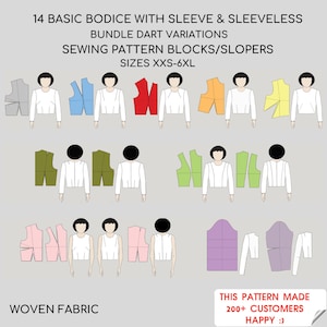 14 Basic Bodice Block Sewing Pattern Pack, Princess Seam Bodice Block PDF, Bodice block/torso w/sleeve patters, Sewing Pattern Bundle