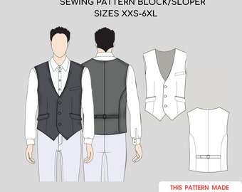 Front button closure Men's Waistcoat | Vest Pdf Sewing Pattern Sloper/Block | Sizes (Regular & Plus) XXS- 6XL | Woven Fabric