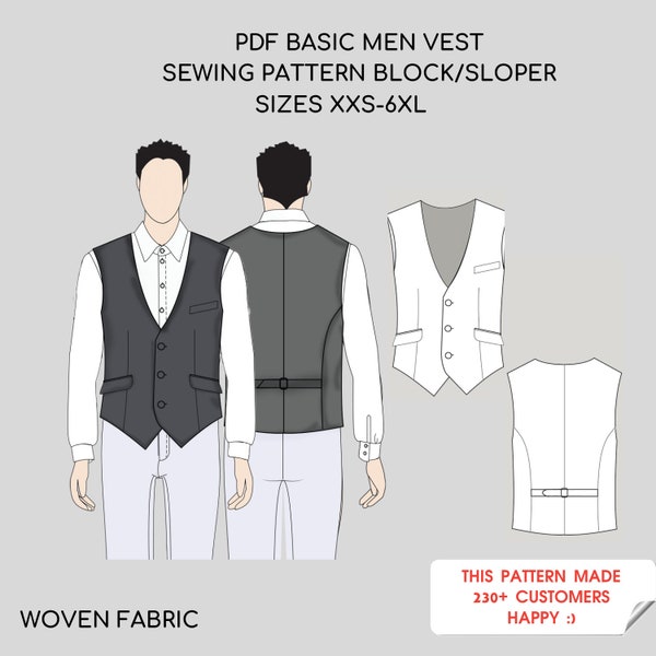 Fermeture boutonnée sur le devant Gilet pour homme | Gilet Pdf Patron de couture Sloper/Bloc | Tailles (standard et plus) XXS-6XL | Tissu tissé