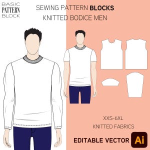 Blocco modello per cucire corpino in maglia da uomo • Taglie XXS-6XL • Modello PDF