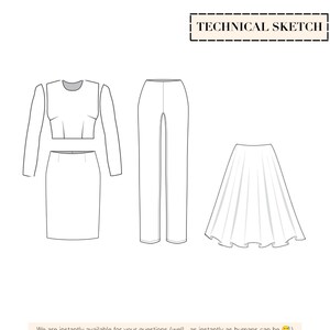 May include: A black and white technical sketch showing a long-sleeved top, a pencil skirt, a pair of straight-leg trousers, and a flared skirt. The text BASIC PATTERN BLOCK and TECHNICAL SKETCH are visible at the top of the white page.