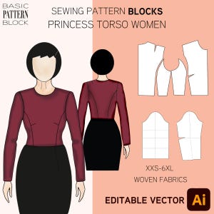 Patrón de costura para corpiño de princesa • Mangas largas • Tallas: XXS-6XL • Patrón en PDF
