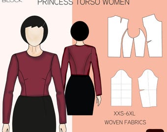 Lijfje naaipatroon met prinsessennaad • Lange mouwen • Maten: XXS-6XL • Pdf-patroon