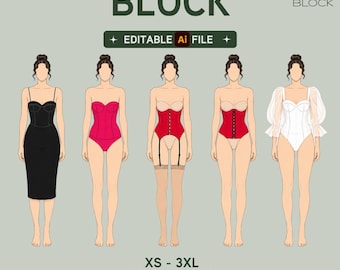 EDITABLE PDF | Corset Bodice Sewing Pattern Block Bundle | Bustier Leotard Belt | 5 Blocks | XS-3XL