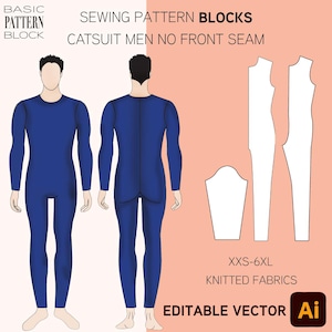 May include: Illustration of a blue catsuit, front and back views, with pattern pieces. Text reads "SEWING PATTERN BLOCKS" and "CATSUIT MEN NO FRONT SEAM." Also includes "XXS-6XL" and "KNITTED FABRICS."