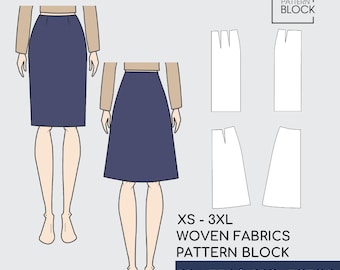 Bloques de patrones de costura para faldas de talle alto en forma de A • XS-3XL (Patrón descargable en PDF)