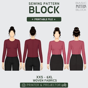 Könnte beinhalten: Ein digitales Schnittmuster für ein langärmeliges Oberteil mit Vorder- und Rückansichten in Dunkelrot und Altrosa. Der Text lautet SEWING PATTERN BLOCK, PRINTABLE FILE, XXS - 6XL WOVEN FABRICS und PRINTER & PROJECTOR. Das Design enthält Wiener Nähte.