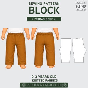 Peut inclure: Un patron de couture numérique pour tissus tricotés de 0 à 3 ans, incluant un fichier imprimable pour imprimante et projecteur. L'image montre un pantalon marron sur un mannequin, vues de face et de dos, avec des modèles de patron blancs.